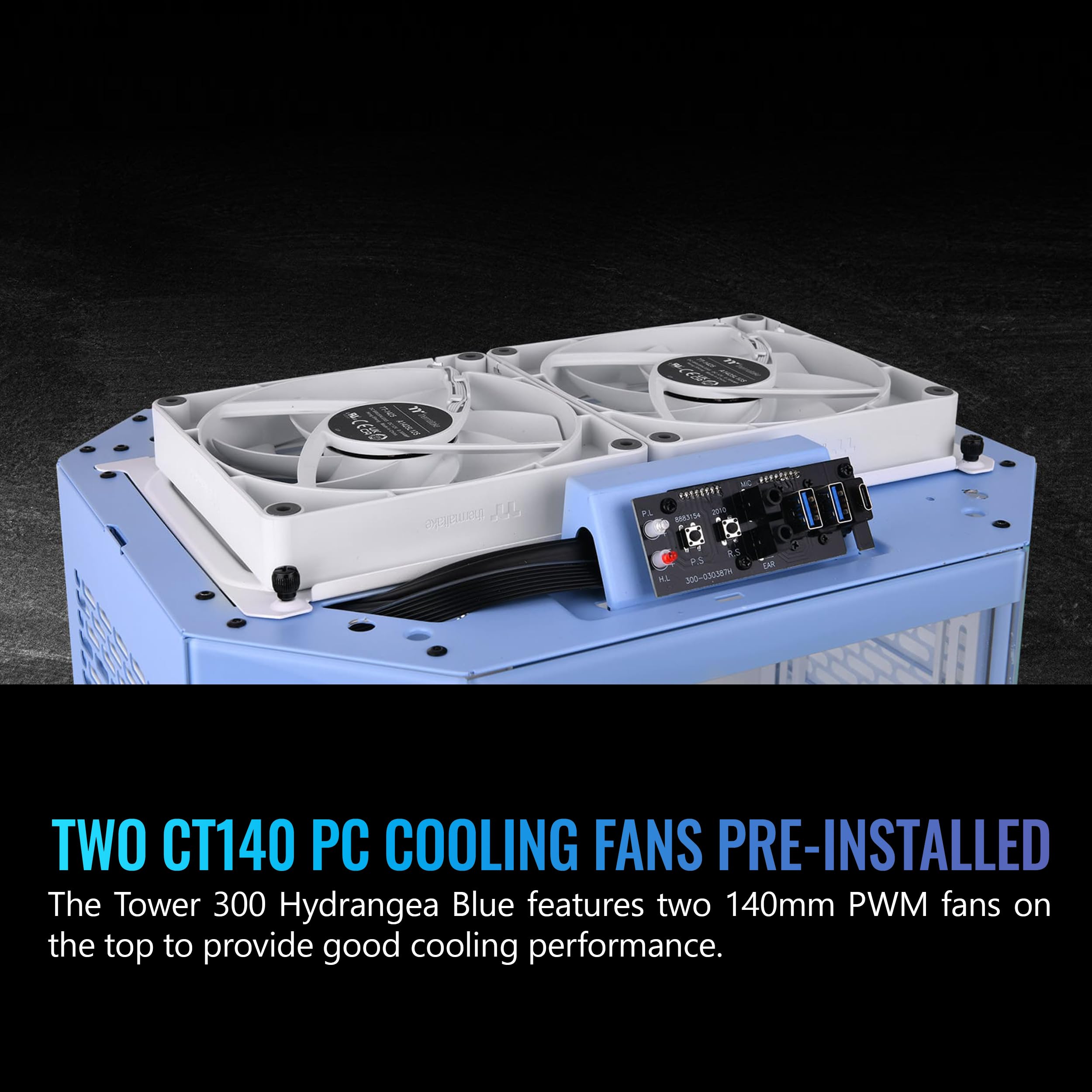 Thermaltake Tower 300 Hydrangea Blue Micro-ATX Case; 2x140mm CT Fan Included; Support Up to 420mm Radiator; Optional Chassis Stand Kit Allows Horizontal Display; CA-1Y4-00SFWN-00; 3 Year Warranty