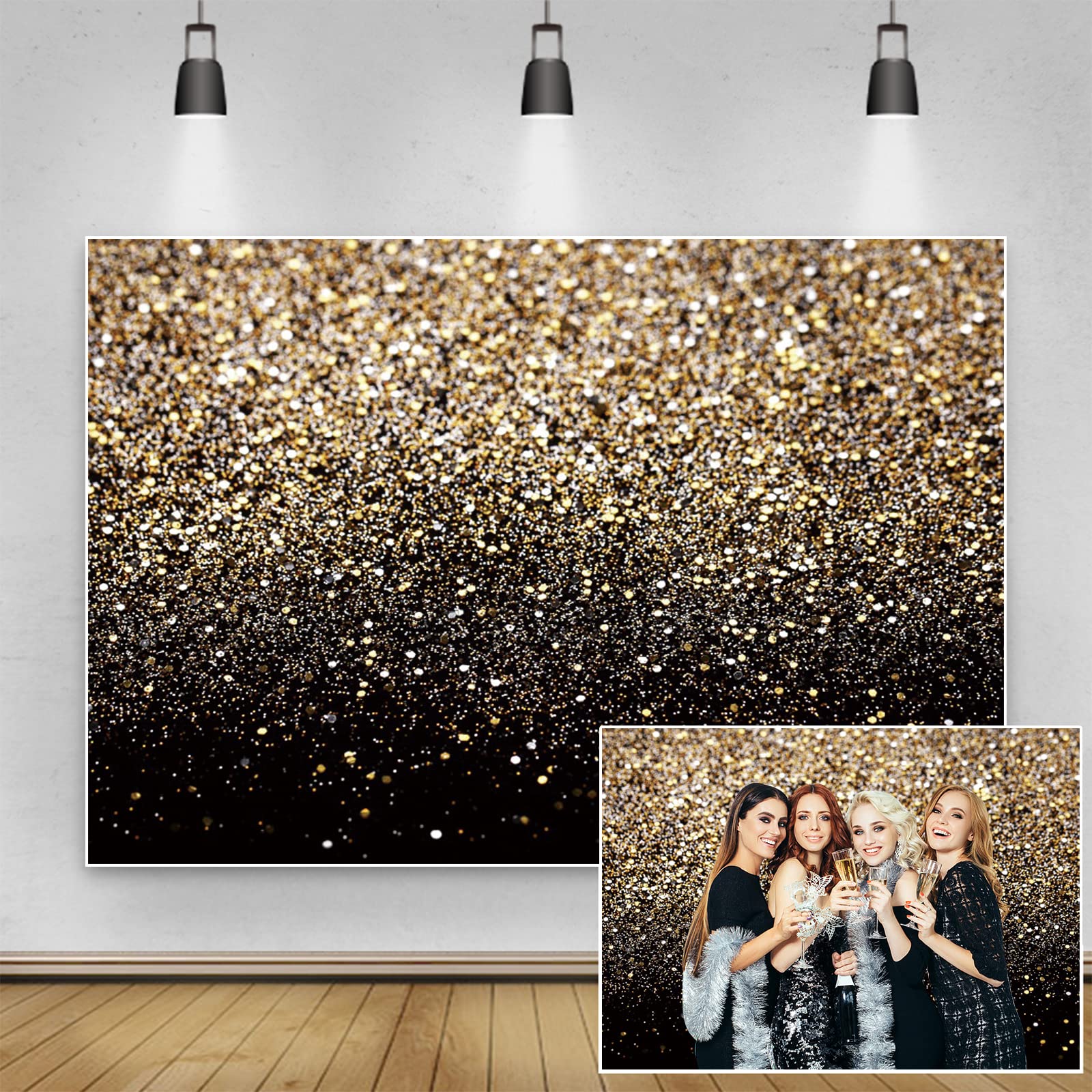 Renaiss 8x6ft Glitter Photo Backdrop Abstract Starry Sky Golden Bokeh Spot Sequin Photography Backdrop Black and Gold Wedding Family Birthday Party Decoration Adult Newborn Portrait Studio Props