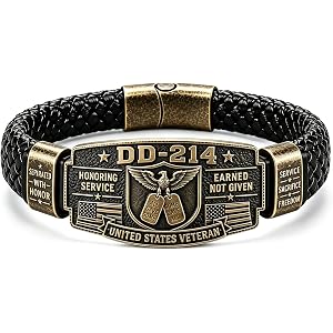 DD-214 Veteran Honor Bracelet,Vintage USA Flag Eagle Tribute Wristband, Braided Adjustable Bracelet for Men with Engraved Cen