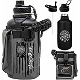 Iron Infidel Battle Bottle - Half Gallon Water Bottle Insulated, 64 oz Stainless Steel Water Jug with Paracord Handle - Gym Flask for Men with Rugged Sleeve for Storage (Betsy Ross 2 Liter)