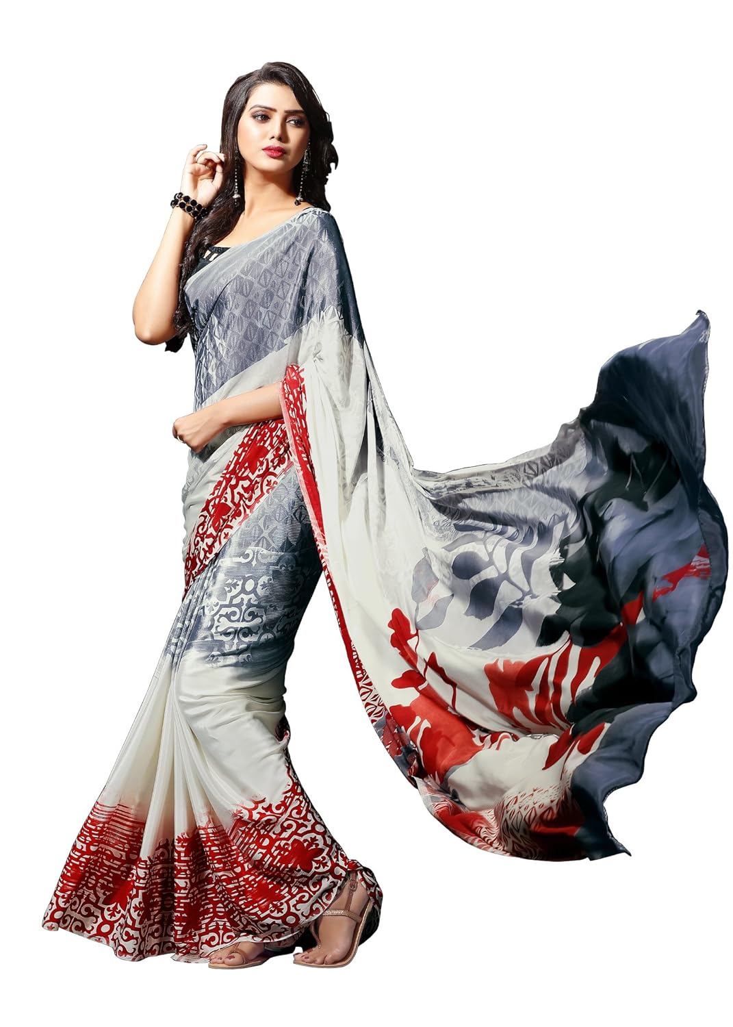 jaanvi fashion women's crepe printed saree (black_white)