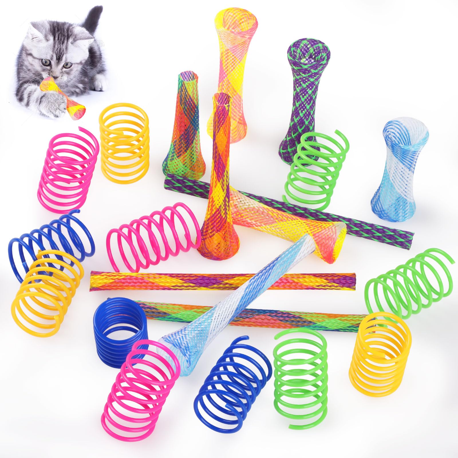 Bighan 22PCS Cat Colorful Toys, 12PCS Spring Cat Toys + 10PCS Ca t Mesh Pole Toys for Swatting, Biting, Hunting Active Healthy Play Kitten Toys