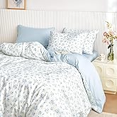 Wake In Cloud - Floral Comforter Set, Coquette Cottagecore Aesthetic Flower Shabby Chic Pattern for Women Teen Girls, Soft Lightweight Bedding, 3 Pieces, White Blue, Twin/Twin XL Size