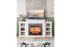 Naice 72" Electric Fireplace with Mantel and Cabinets, Fireplace TV Stand for Living Room Bedroom, Stacked Stone Surround and Remote Control 3D Realistic Flame
