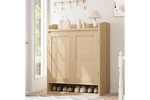 Modern Rattan Shoe Cabinet for Entryway, Wooden Shoe Storage Organizer with Adjustable Shelves, Closed Shoe Rack Cabinet Hold