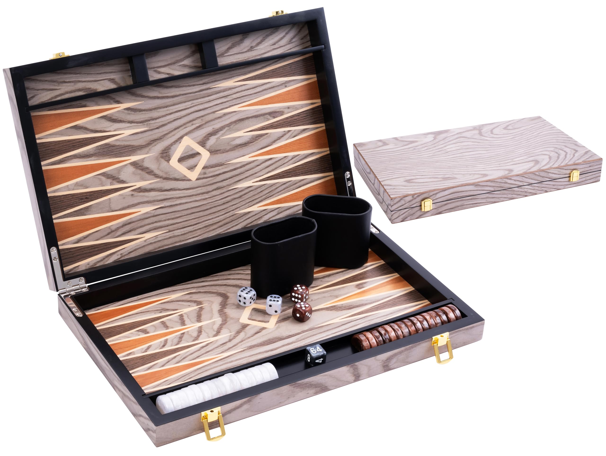 Engelhart โ 250542 โ Deluxe 15-inch Backgammon Set with Varnished Ebony Wood Veneer โ Grey โ Metal Closure โ Pearly Dice, Chips, and Wooden Cups Included โ 2 Players โ Game Rules Included โ Ages 6+ โ image 1