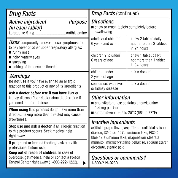 AMAZON BASIC CARE CHILDREN’S ALLERGY RELIEF, LORATADINE CHEWABLE TABLETS, 5 MG, GRAPE FLAVORED, AGES 2 AND UP, 20 COUNT
