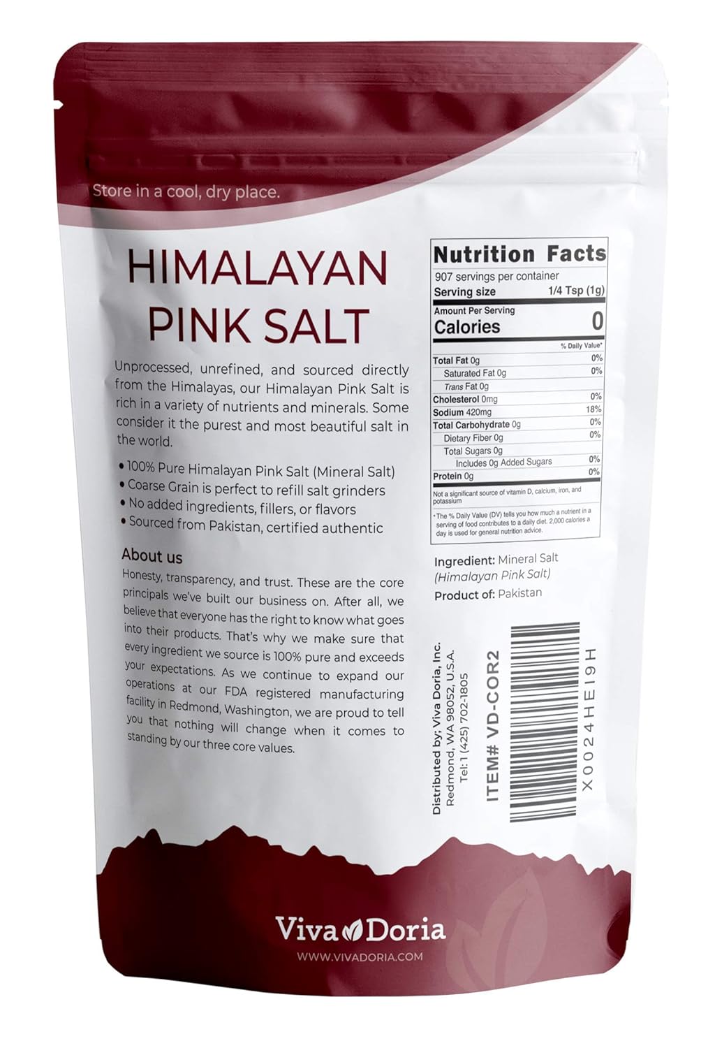 Viva Doria Himalayan Pink Salt, Coarse Grain, Certified Authentic, 2 lb. (907 g) For Grinder Refills : Grocery & Gourmet Food