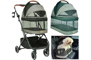 ROODO Fashion 3-in-1 Dog Cat Stroller with Detachable Carrier&Car Seat Combo Best Lightweight Folding Portable All-Terrain Travel Pet Gear Puppy Doggie Kitty Stroller for up to 30 lbs(Grey Lattice)