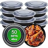 APSIC Round Meal Prep Containers with Lids, 50 Pack 48oz (100-Piece) Disposable Leakproof Take Out Food Storage Containers, Plastic To Go Lunch Boxes, BPA Free, Microwave/Dishwasher/Freezer Safe