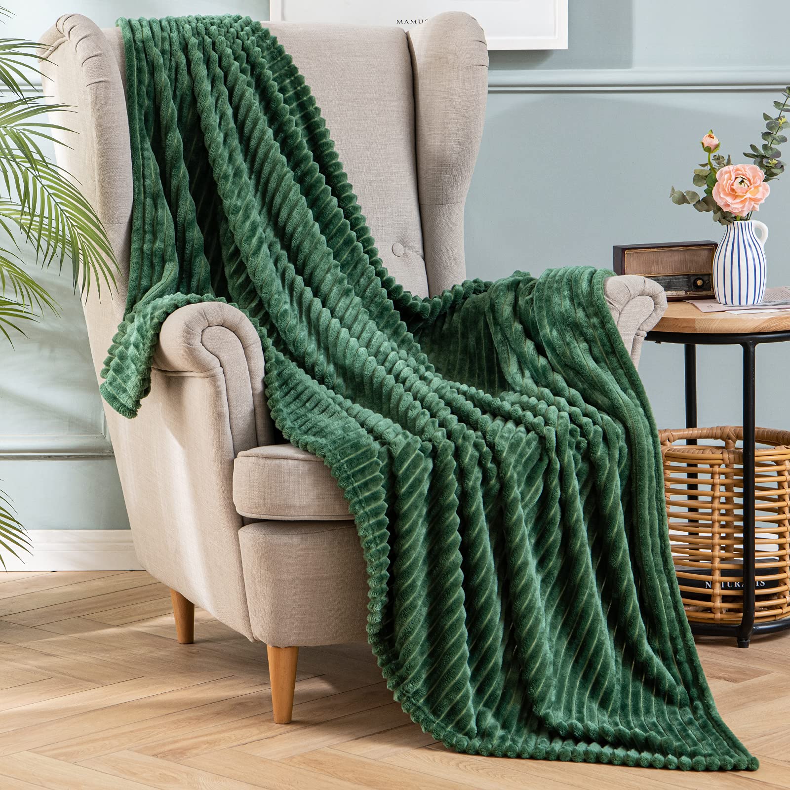 MIULEE Flannel Fleece Throw Blankets Soft Warm Comfortable Throws for Sofa Corduroy Fluffy Blanket Bed Throw for Bedroom Couch Travel Kids Bedroom Accessories 50x60Inch Dark-green — image 1