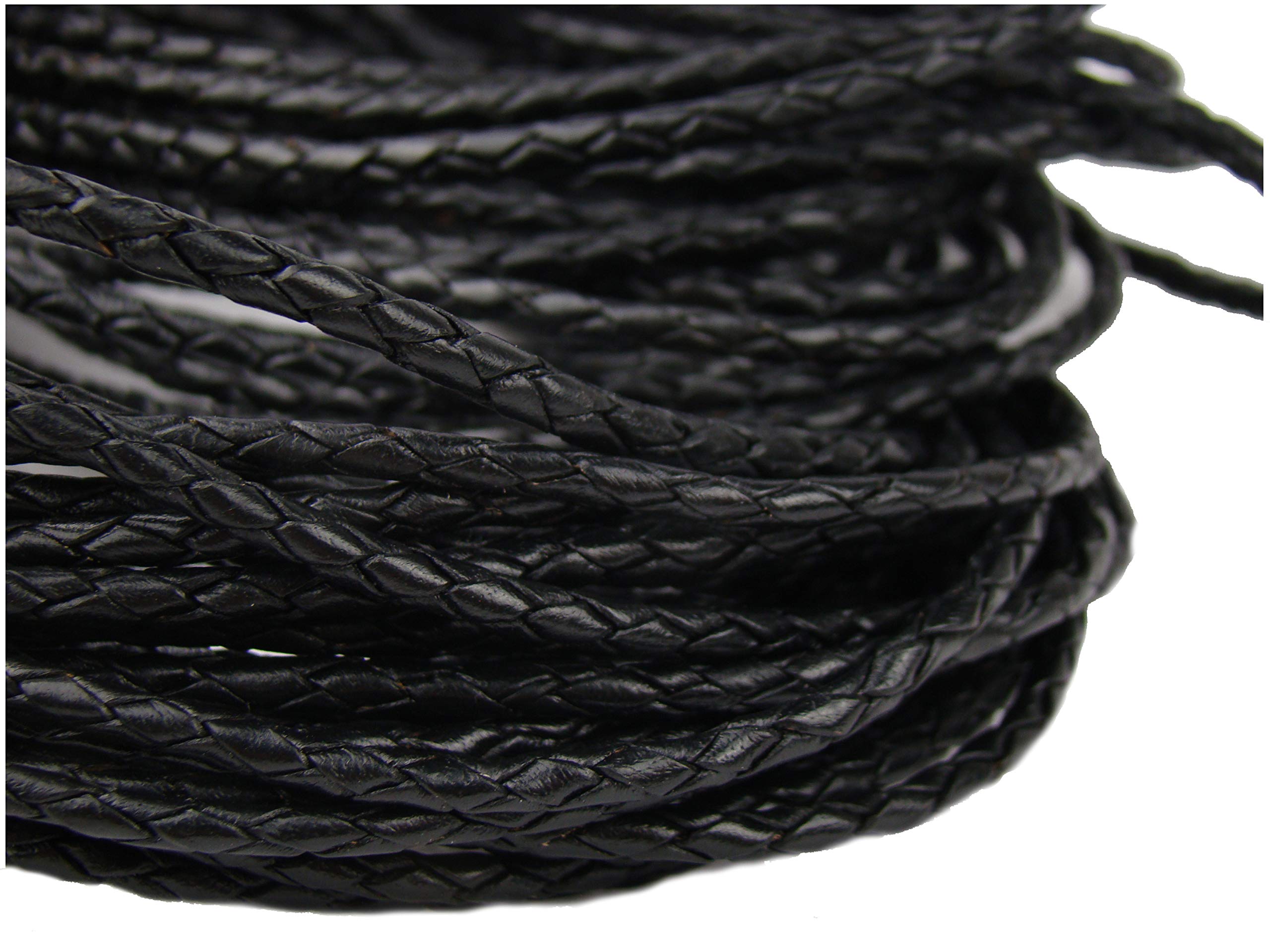 Plaited round leather cord 3 mm. Colour: black., Leather, black, 10 metres