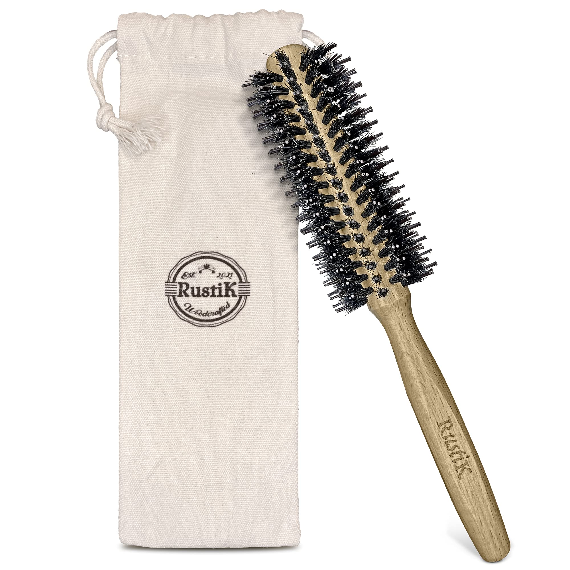 Wooden Round Barrel Hair Brush and Travel Pouch by RustiK, Boar Bristles with Nylon Pin, Curling, Thin, Quiff Roller, Blow Dry/Out, Drying, Adding Volume/Shine. Woodcrafted For Men and Women.