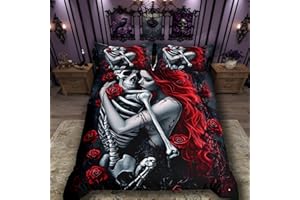 Erosebridal Gothic Bedding Set Red Rose Comforter Set, Goth Skull Art Style Soft Microfiber Bedding 3 Pieces Halloween Themes