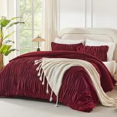 Andency Ruched Burgundy Queen Comforter Set, Boho Ruffle Bedding 3 Pieces | Shabby Chic Bed Set for Girls, Kids, Women, Lightweight Soft Pleatd Comforter, All Season