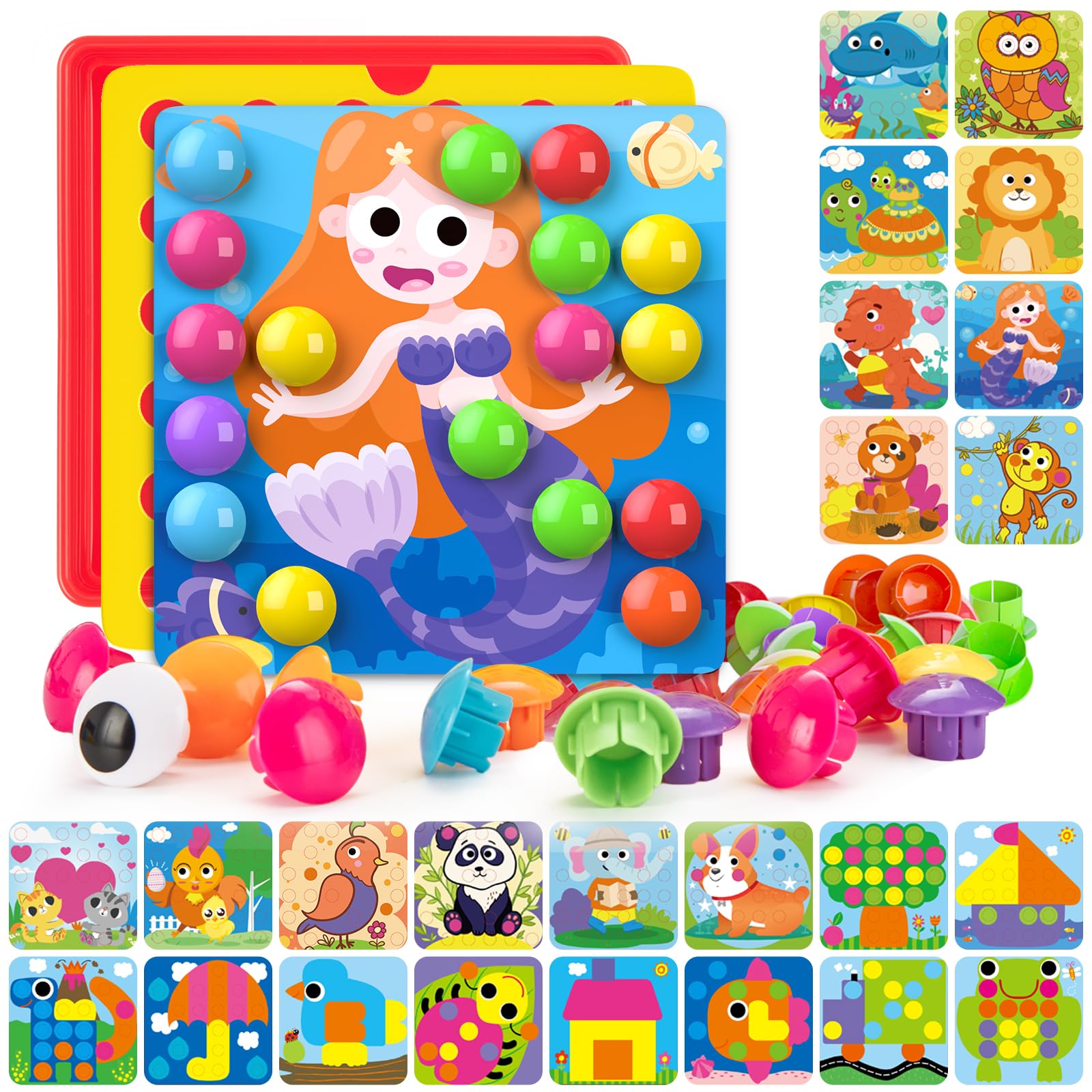 Photo 1 of Geekper 96 PCS Button Art Toys for Toddlers, Color Matching Mosaic Pegboard Early Learning Educational Toys for 3, 4, 5, 6 Year Old Kids Boys and Girls Gifts, Including 24 Pictures and 72 Buttons