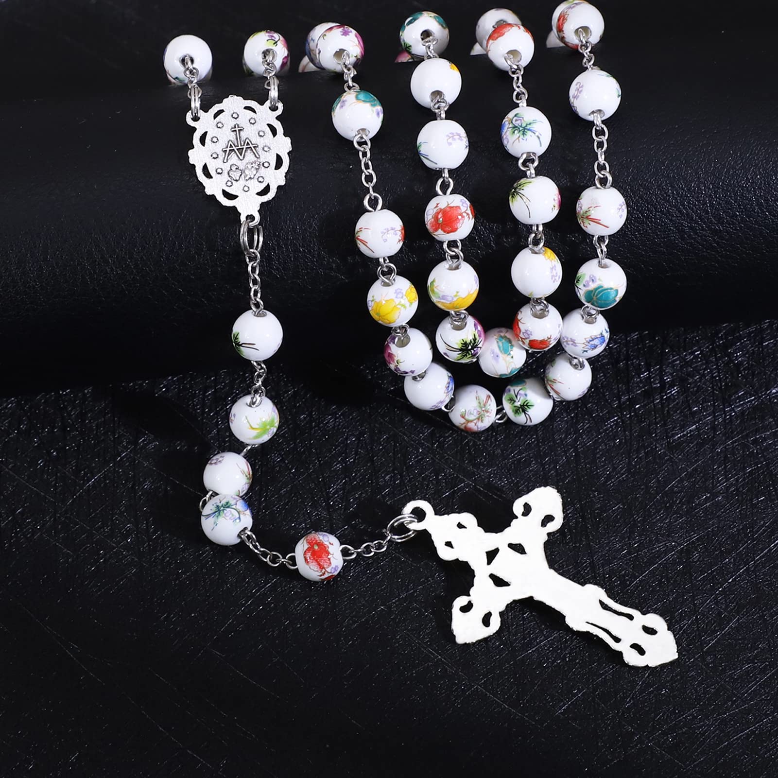 KOMI Rosary Beads Catholic for Women Gemstone Rosary Beads Necklace with Crucifix Cross Crystal Pearl Rosary Rosarios Catolicos Catholic Gifts