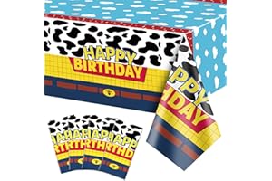 QUERICKY 4 Pack Story Tablecloths, 51x87'' Cow Pattern Table Cover, Story Theme Happy Birthday Decorations for Boy Girl Kids Birthday Party Supplies