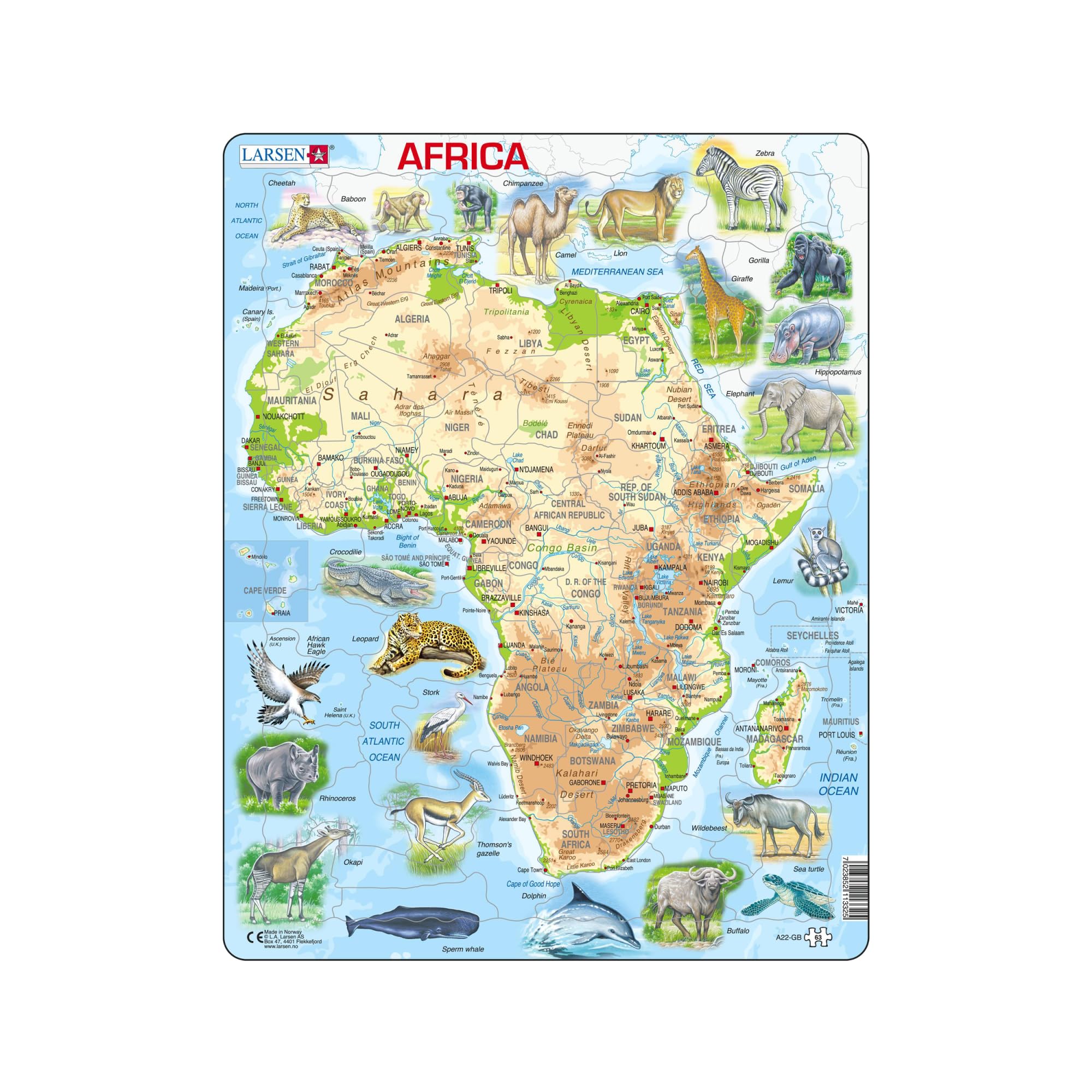 Larsen A22 Africa Jigsaw Puzzle Topographic Map, English Edition for Children & Adults - 63 Pieces | Educational and Fun Puzzle Boxless Tray & Frame Included