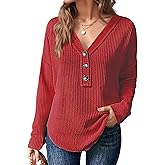 Flamingals Casual Long Sleeve V Neck Tops Solid Waffle Knit Button Front Shirts for Women