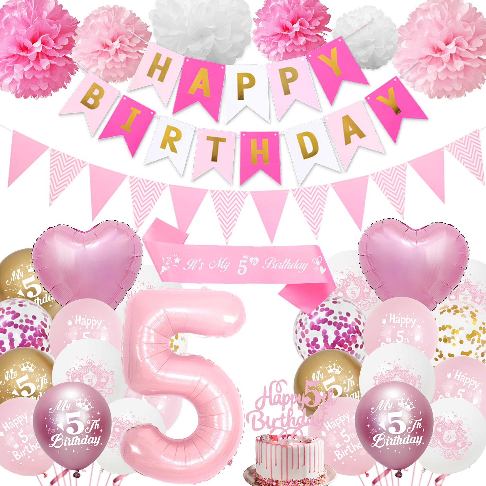 5th Birthday Decorations for Girls Pink - Happy 5th Birthday Party Number 5 Balloon Latex Balloons Banner Pennant, Cake Topper Sash Tissue Paper Pom Poms for 5-Year-Old Decoration Supplies — image 1