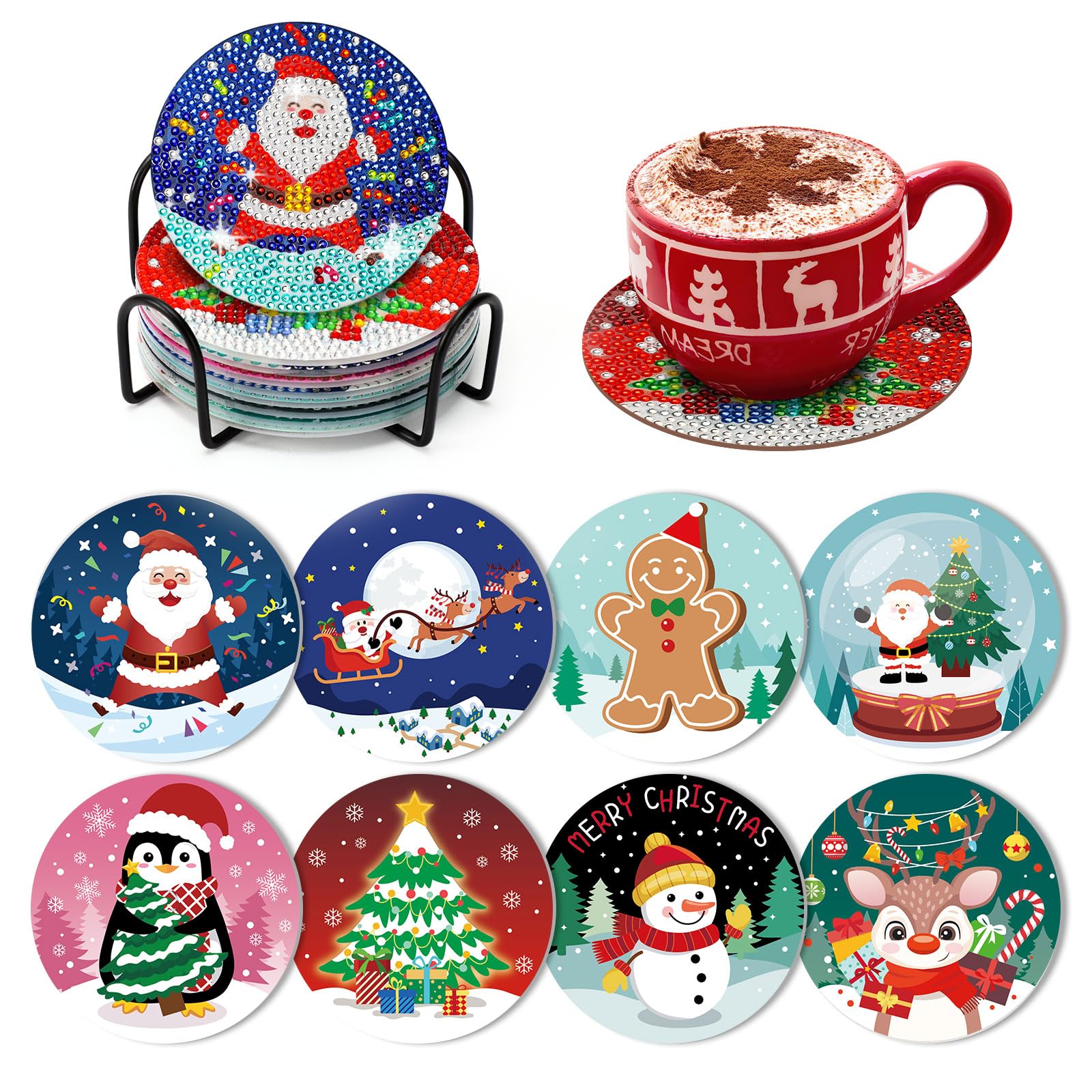 JANLOFO Christmas Coasters, Set of 8, Diamond Art Coasters, Christmas Presents, Diamond Art Kit, Beginners, Christmas Decoration, Handmade Kit, Craft Kit