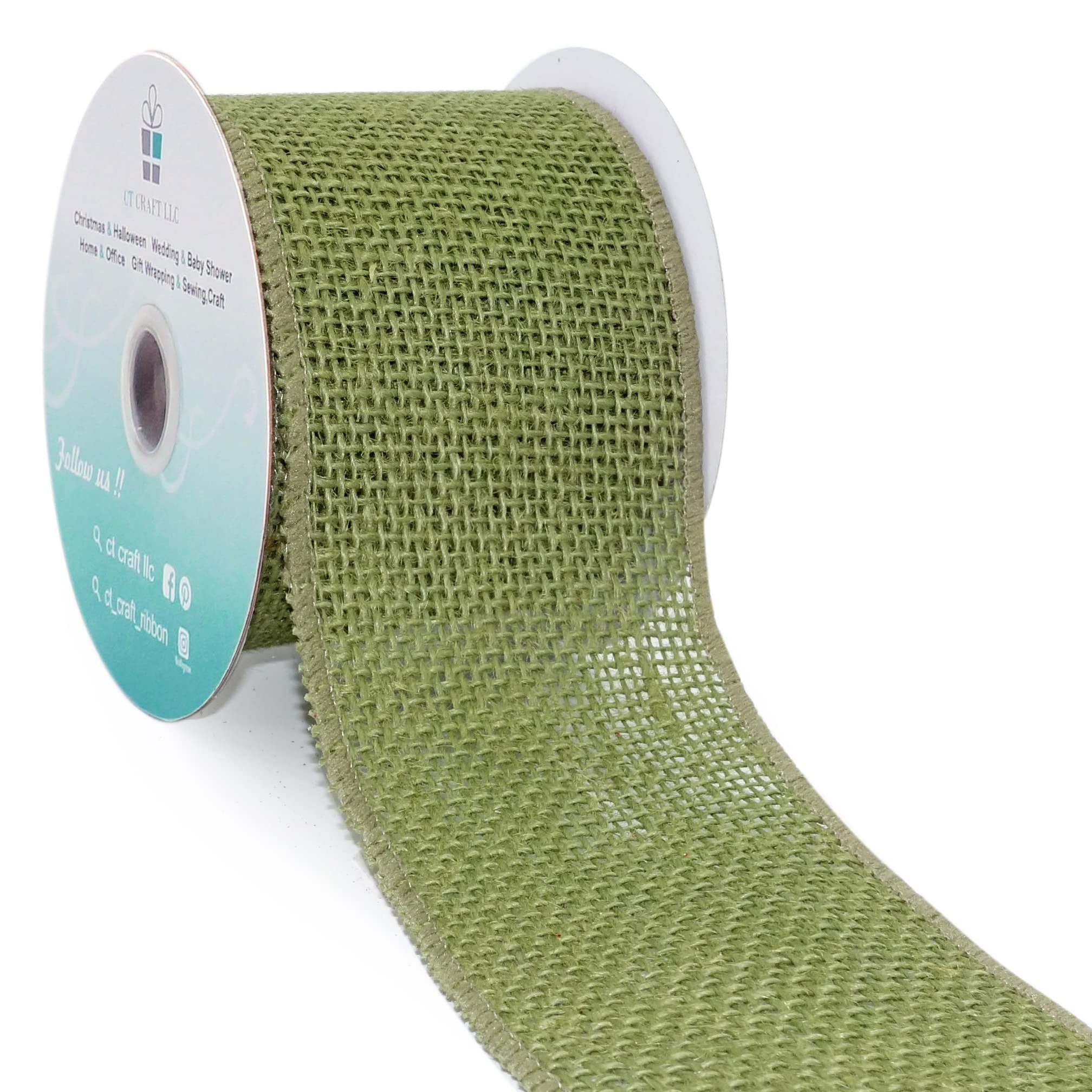 CT CRAFT LLC Burlap Wired Ribbon for Home Decor, Gift Wrapping, DIY Crafts, 2.5 Inch X 5 Yards X 1Roll, Sage Green