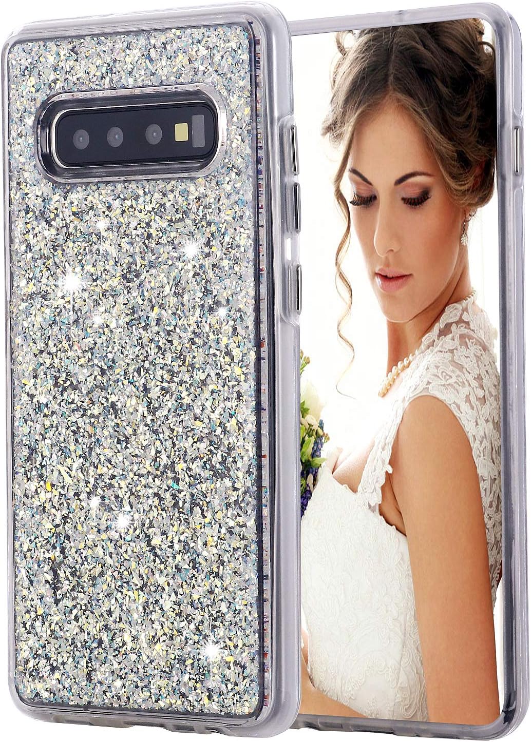 INKOMOGalaxy S10+ Plus Case, Women Luxury Fashion Glitter Gold Foil Sparkle Hard Back Cover with Clear TPU Bumper Protective Phone Bling Case for Samsung Galaxy S10+ 6.4'' (2019) (White Gold)