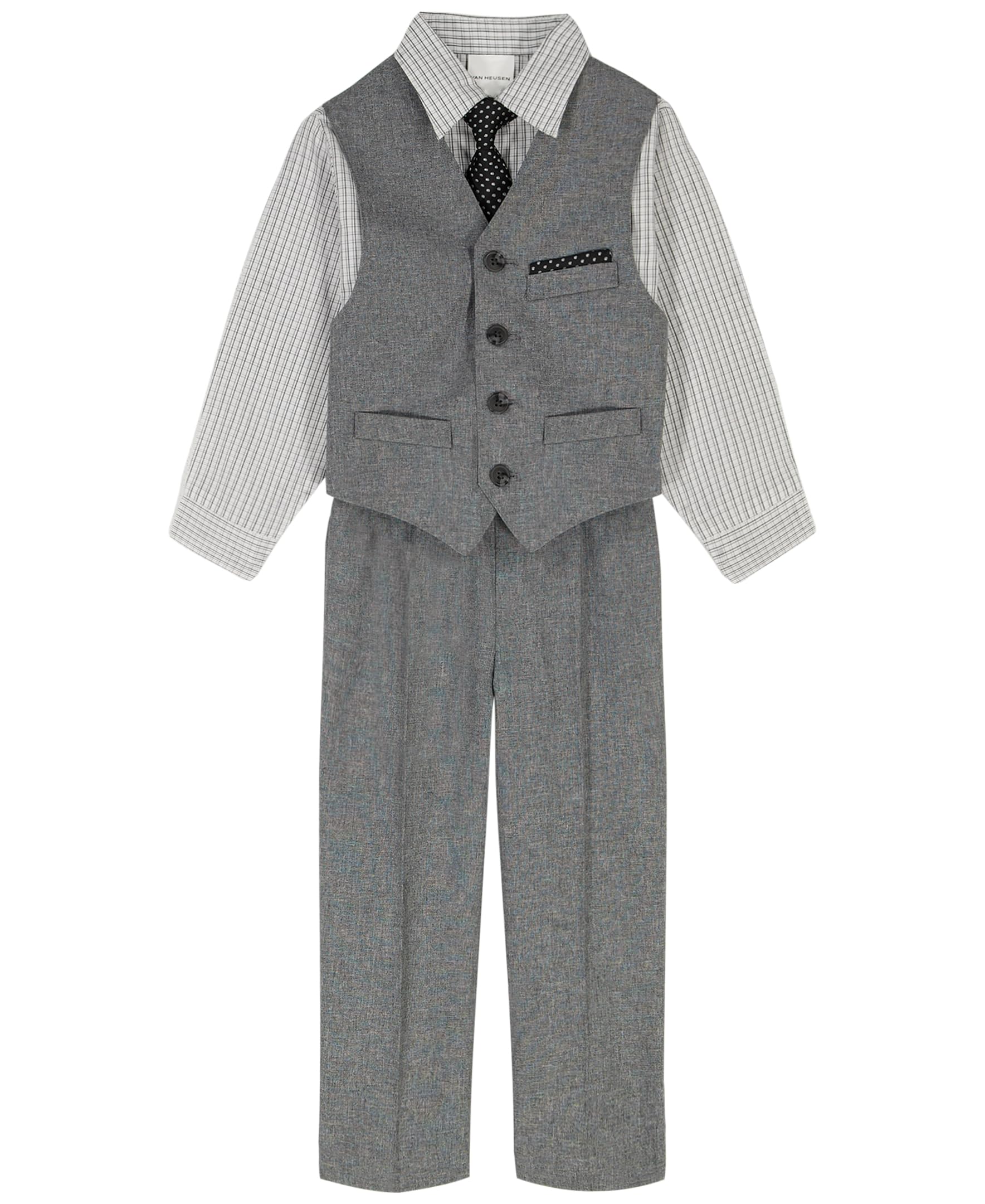 Van Heusen 4-Piece Formal Suit Set, Vest, Pants, Collared Dress Shirt, and Tie, Silverware/Black, 5 Image