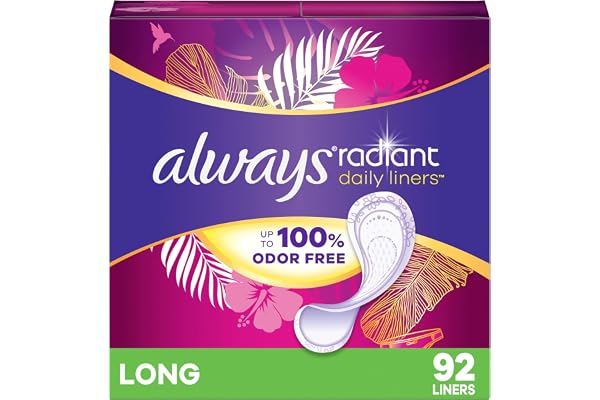 Always Radiant Daily Liners Light Absorbency, Long Length, Up to 100% Odor Free and Fragrance Free, with Edge-2-Edge Adhesive