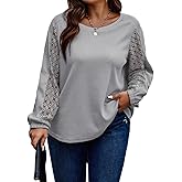 Eytino Womens Plus Size Tops Lace Long Sleeve Waffle T Shirts Casual Crewneck Tunic Tops(1X-5X)