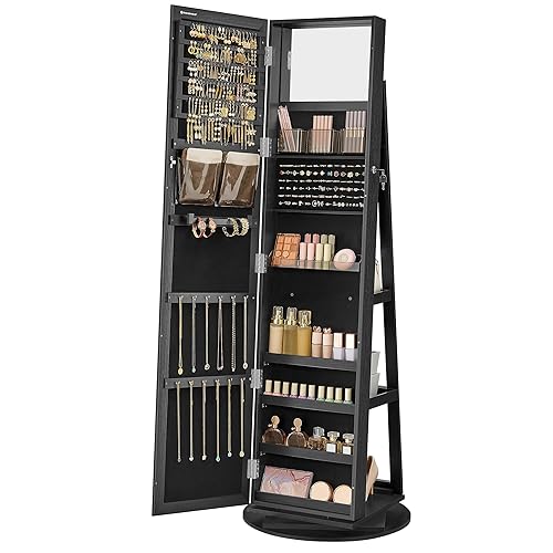 SONGMICS 360° Swivel Jewelry Cabinet, Lockable Jewelry Organizer with  Full-Length Mirror, Rear Storage Shelves, Interior Mirror, Jewelry Armoire,  Gift