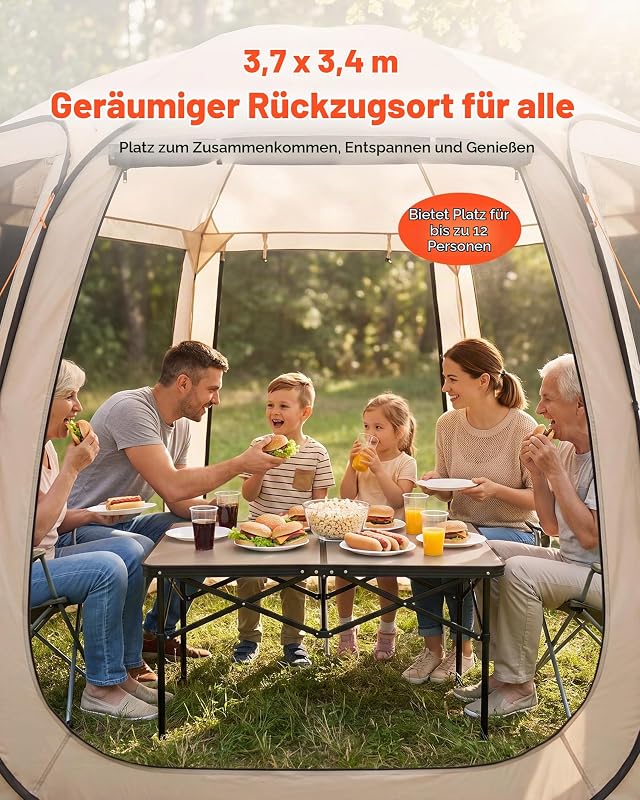 Pop-Up-Zelt, 365,76x335,28 cm, tragbares Campingzelt für 10–12 Personen, mit Netz, Tragetasche, Seitenwänden und Heringen, für Garten, Terrasse und Outdoor-Aktivitäten, Beige