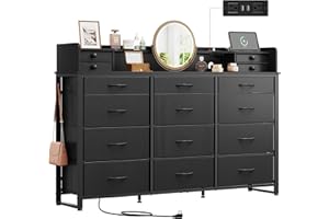 WLIVE 55''W Storage Organizer Unit with Charging Station, Black Storage Drawers Organizer with 16 Fabric Drawers & 3 Open Shelves, Large Storage Tower Organizaton for Living Room, Hallway, Office