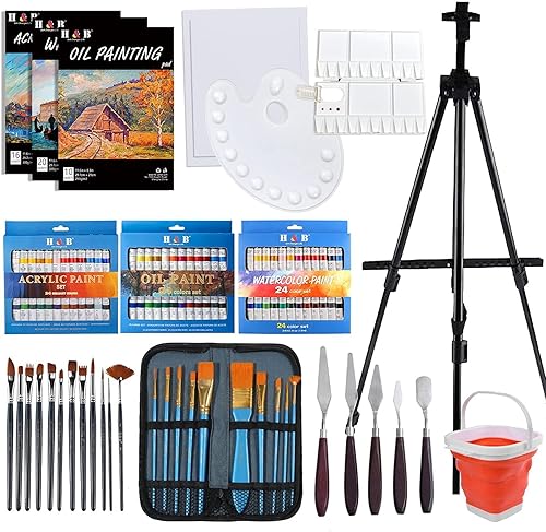 H & B Deluxe Art Canvas Painting Sets with Foldable Aluminum Artist Easel,108Pcs with Acrylic Paints Set,Paintbrushes & Canvas Art Set Painting Kits