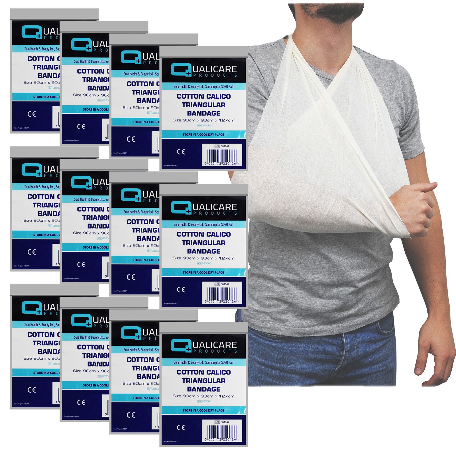 Qualicare Cotton Calico Triangular Arm Sling Injury Support Arm Shoulder Support - 12 Pack