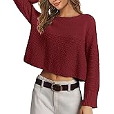PRETTODAY Women's Crew Neck Knit Sweater Long Sleeve Textured Ribbed Casual Loose Cropped Pullover Tops