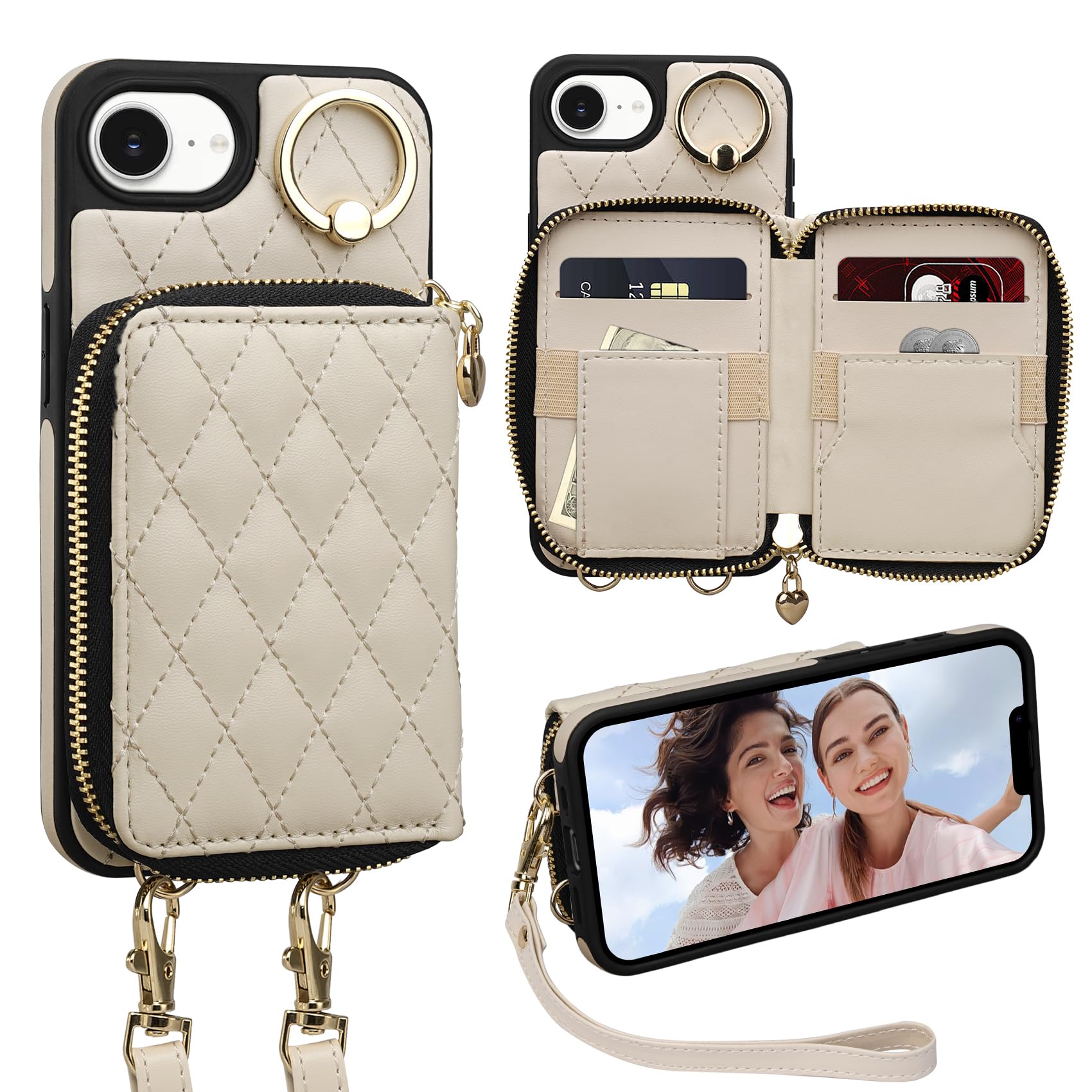 Keallce for iPhone 16e 6.1'' Wallet Case, Crossbody Zipper Purse with Wristlet for Women, RFID Blocking Card Holders, 360° Ring Kickstand Flip Leather Case for iPhone 16e 2025 Beige Image