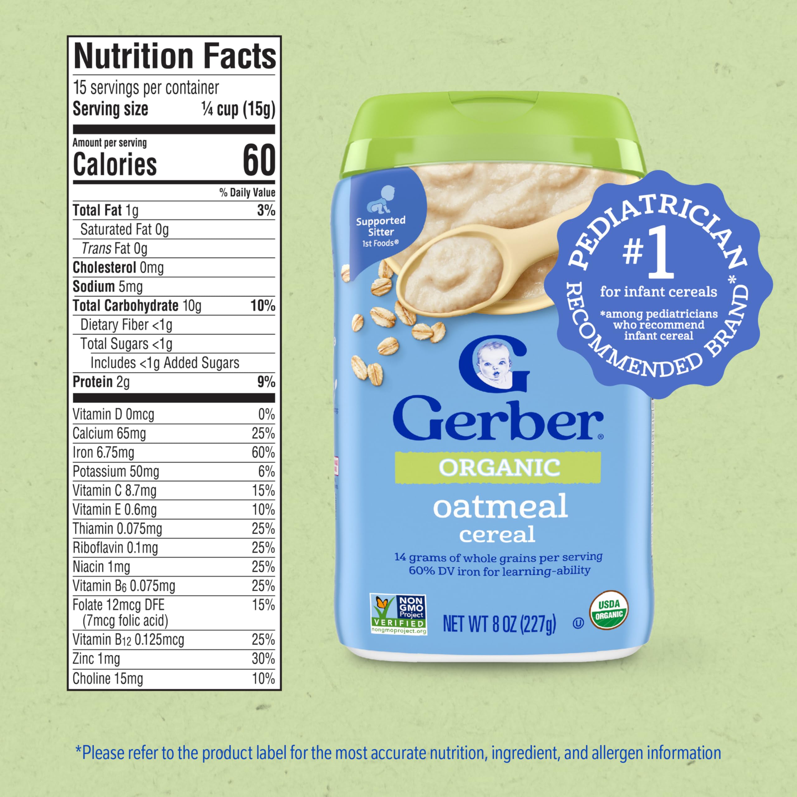 Gerber Stage 1 Baby Food, Organic Baby Oatmeal Cereal, 14g Whole Grains, Iron, Zinc & Vitamin B12, Infant Cereal, 6-Pack