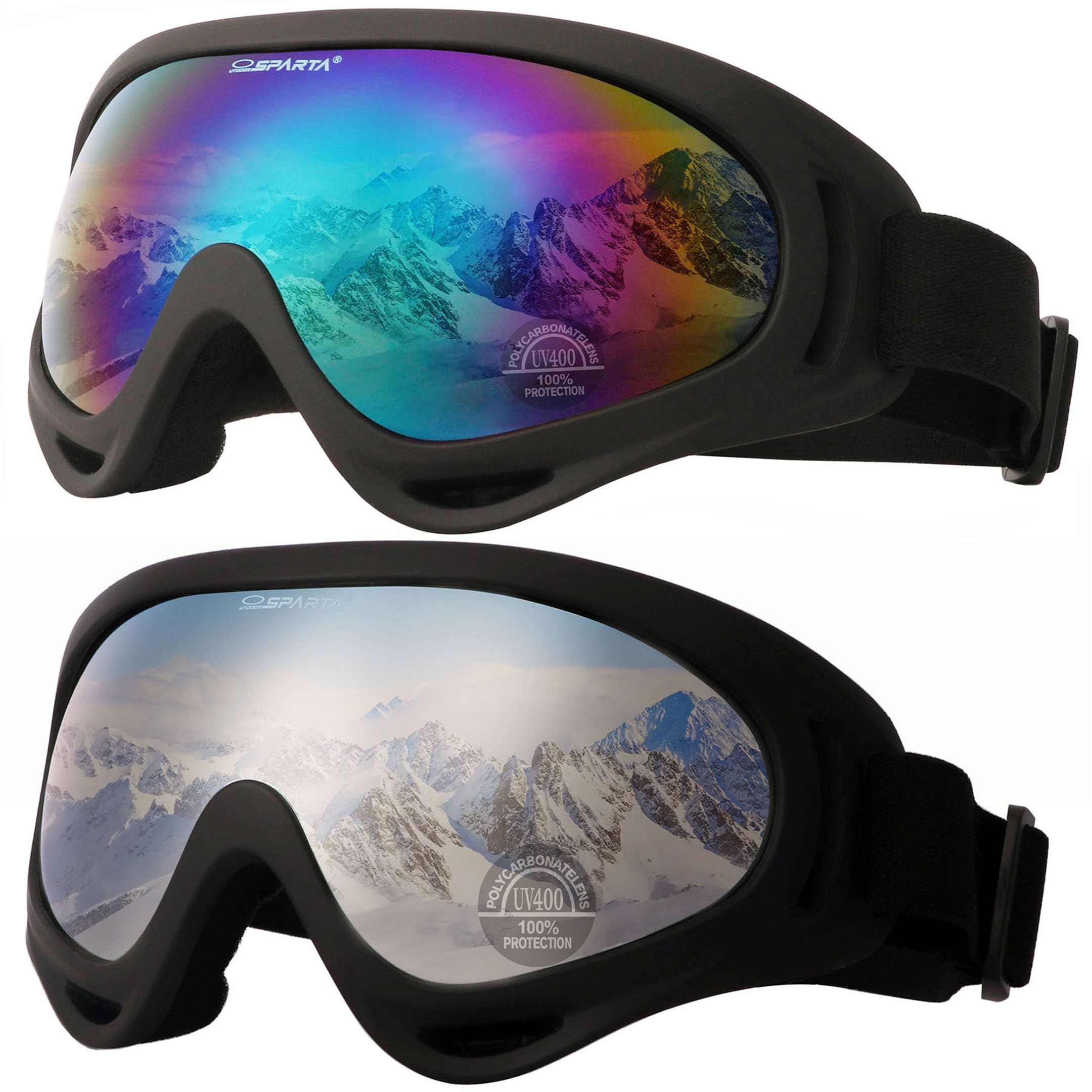 OUTDOORSPARTA 2-Pack ski goggles (1. Black Frame, Multiple Color Lens; Black Frame, Silver Coated Lens) — image 1