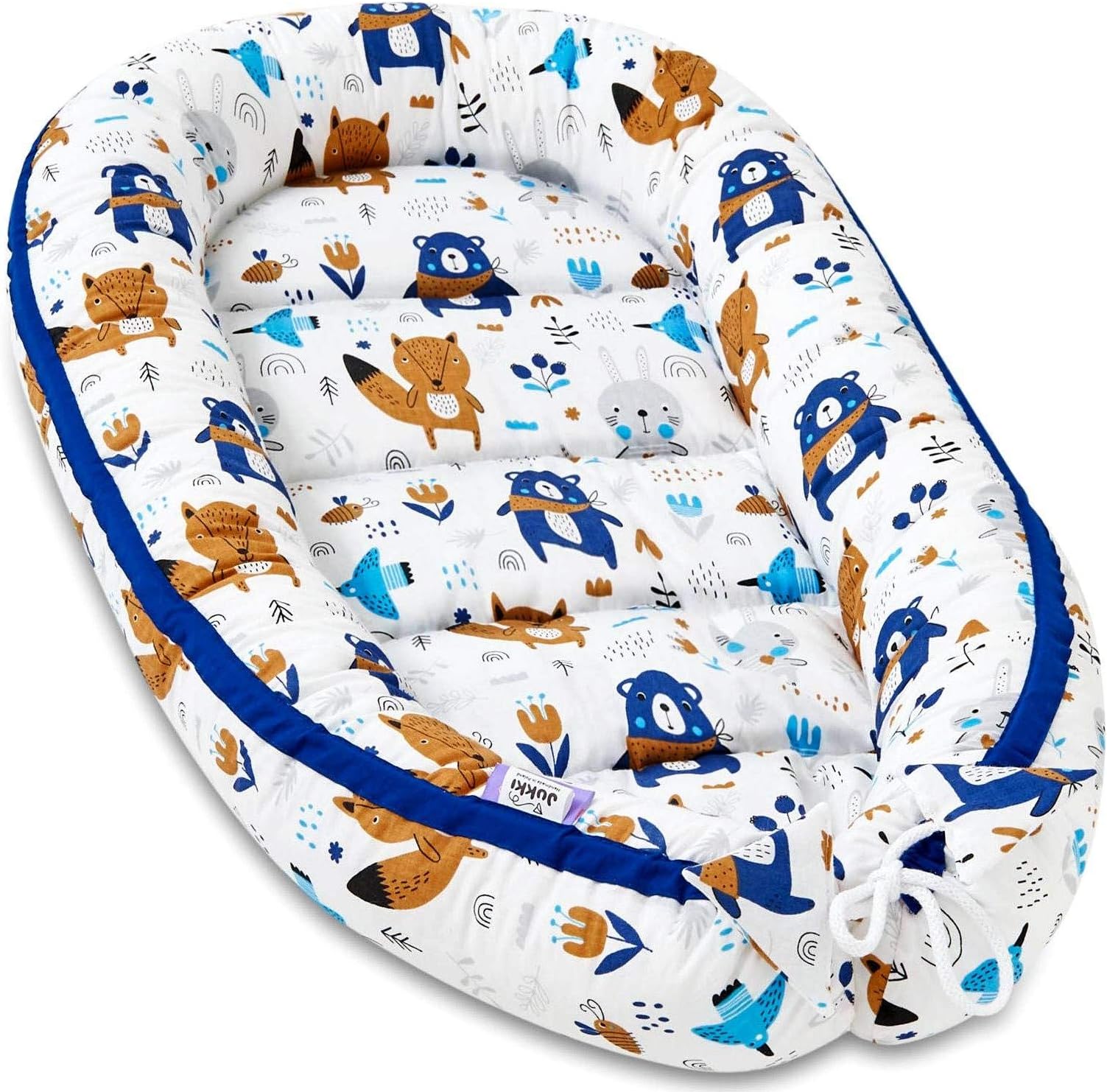 Jukki ® Baby Nest Cocoon Double Sided Cotton Sleeping nest, Suitable for a Travel Bed or a Snuggly Sleep pod | 100% Cotton | Handmade | Cuddly Nest for Babies 0 to 8 Months (50 x 90) (Friends Blue)