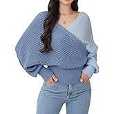 Women's Wrap V Neck Knit Sweaters Batwing Long Sleeve Cross Front Drop Shoulder Fall Pullover Tops