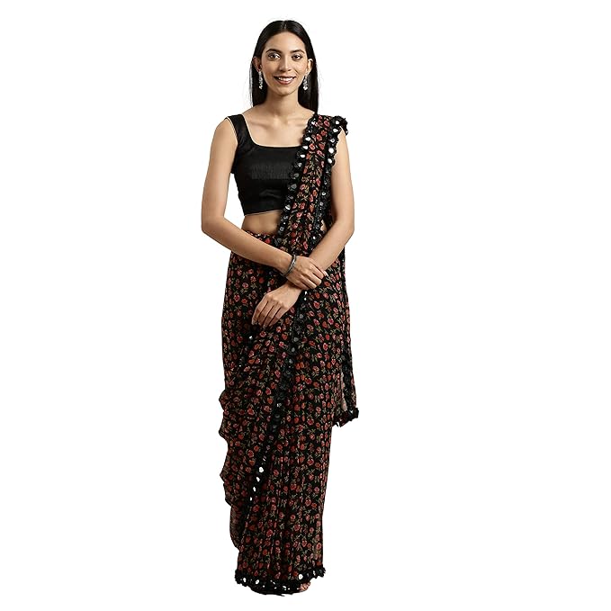 Women's Georgette with blouse piece 7510 Sarees (TKIM811_ Black_ Free Size)