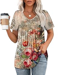Womens Tops Short Sleeve Summer Shirts V Neck Retro
