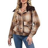 AIWUFLY Womens Flannel Plaid Cropped Shacket Jacket Fall Winter Wool Blend Button Down Brown Checkered Coat