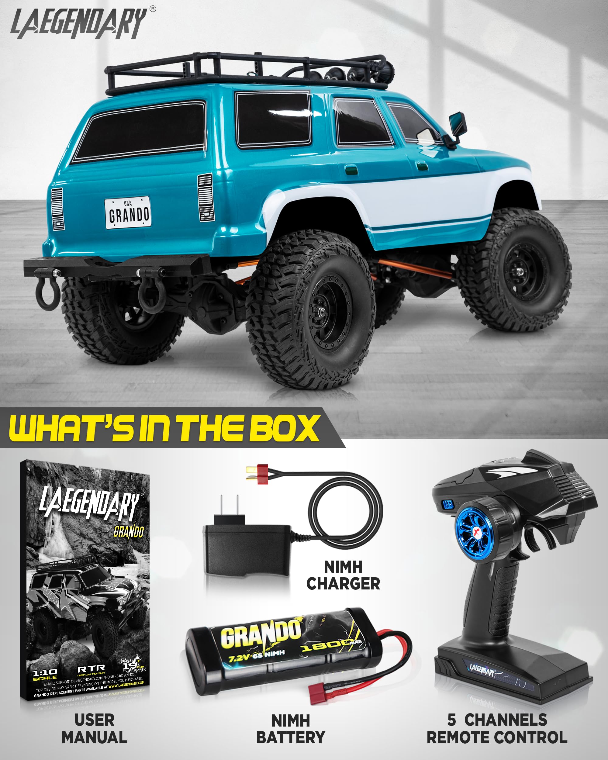 LAEGENDARY RC Crawler - 4x4 Offroad RC Truck for Adults - Fast Speed, Electric, Hobby Grade - 1:10 Scale, Brushed, Blue - Green