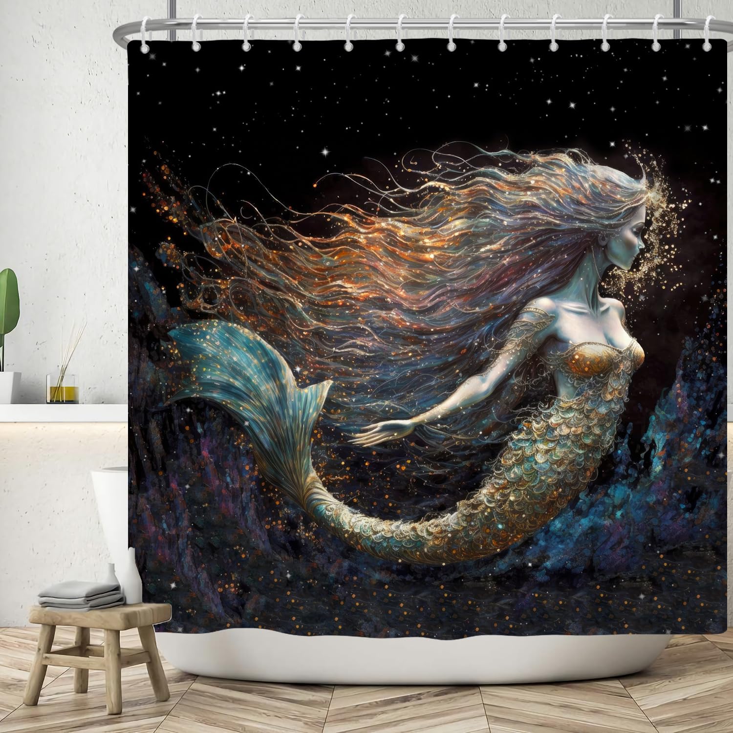 ASDCXZ Mermaid Shower Curtain 180x180 cm, Modern Art Glitter Mermaid Bath Washable Shower Curtains Polyester Textile Waterproof Bath Curtain for Bathtub with 12 Hooks