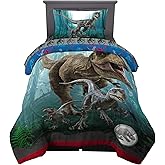 Jurassic World Dominion Blue Velociraptor and Rexy T-Rex Super Soft Microfiber Reversible Comforter, Twin Size, Bedding by Franco Kids