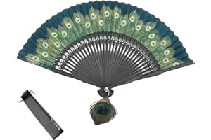 INNOLIFE - Chinese/Japanese Elegant Peacock Pattern Folding Bamboo Handheld Silk Hand Fan Hand-Crafted with Carrying Pouch (Green)