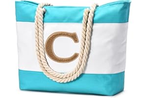 Becokan Initial Beach Bag Waterproof Canvas Beach Tote Bag Zipper Personalized Gifts for Women Her Birthday Travel Essentials